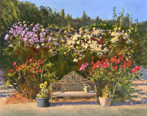 oil painting by Rajat Shanbhag of a rose garden in Vancouver Island